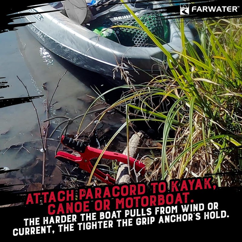 FARWATER Canoe Anchor Grip - Boat, Float Tube & Kayak Fishing Accessories, Kayaking Equipment - Brush Clamp Anchor with Teeth - Gripper with 15ft Paracord - Rubber Grips - Coated Steel - - Image 5
